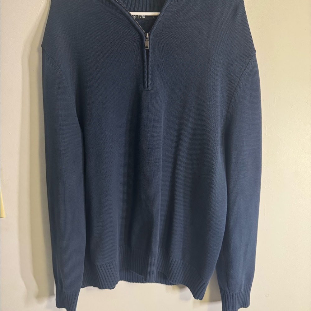 Blue Zip Up Sweater with V-Neck and Knit Texture